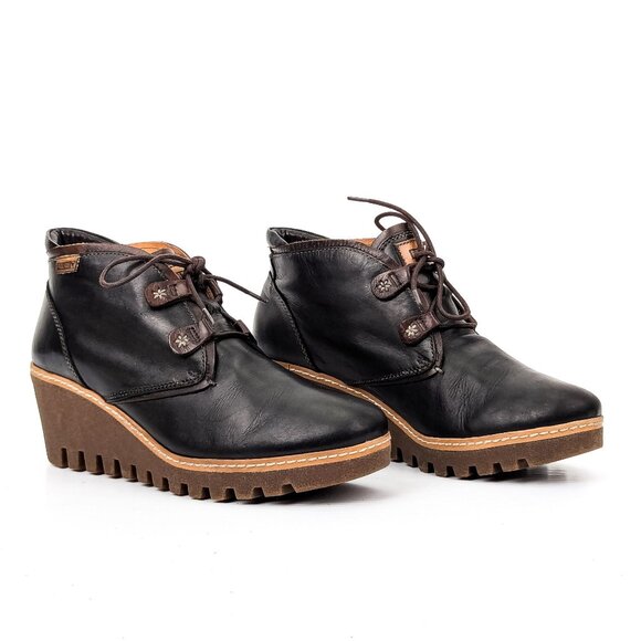 Pikolinos Women Maple Black Leather Lace-up Wedge Ankle Boots sz 10US EUR41 - Picture 1 of 8